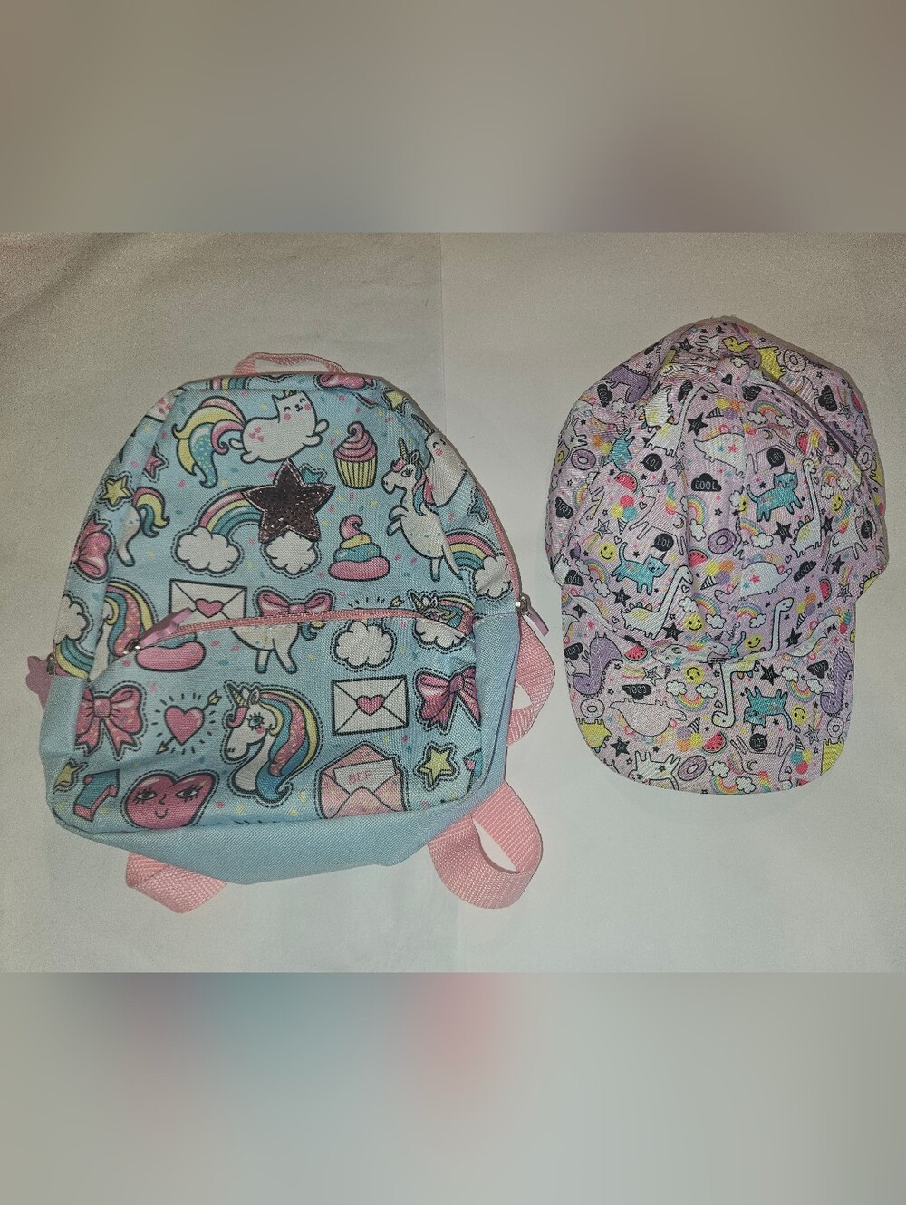 Kids Unicorn Print Backpack and Cap Set - Pastel Blue & Pink